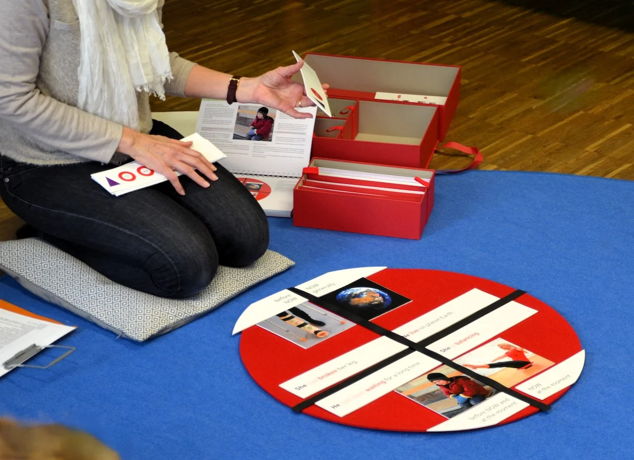 Living Montessori English - Birgitta Berger, ein Mädchen, das das Modell der Zeitformen benutzt